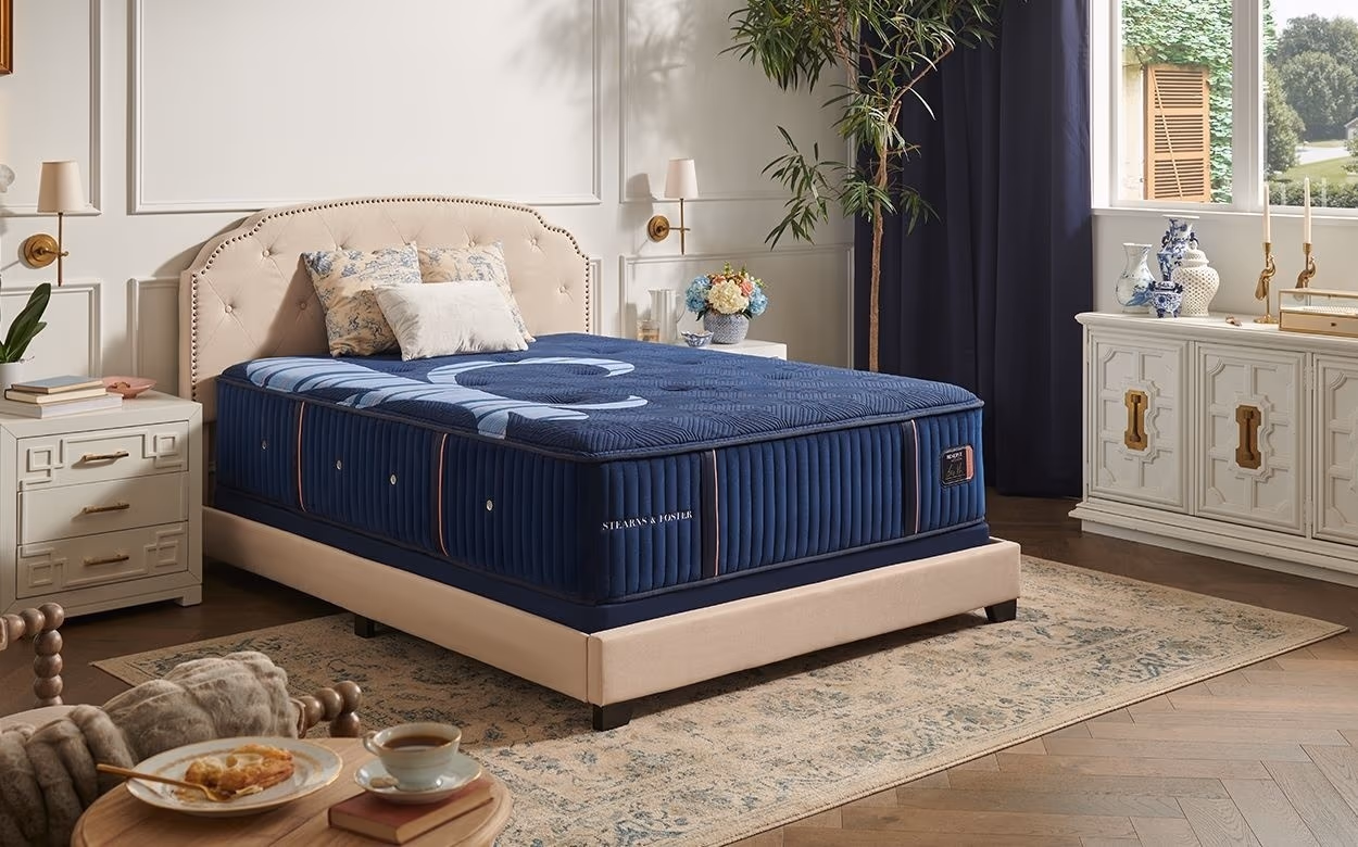 Luxury Stearns & Foster mattress in an elegant navy Scottsdale bedroom